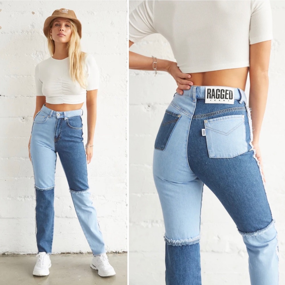 Ragged Priest Mom Jeans Pant High Equilibrium Patchwork Denim Tapered Indigo - Picture 1 of 14